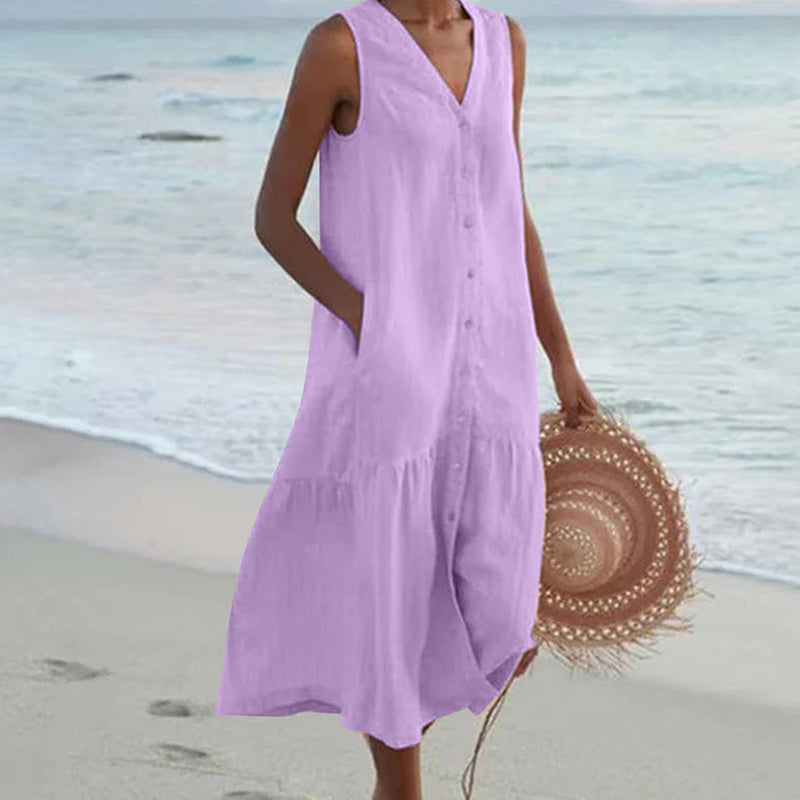Sleeveless Button Front - Midi Dress
