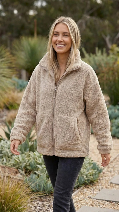 Womens Fleece Teddy Sherpa Zip up Oversized Jacket