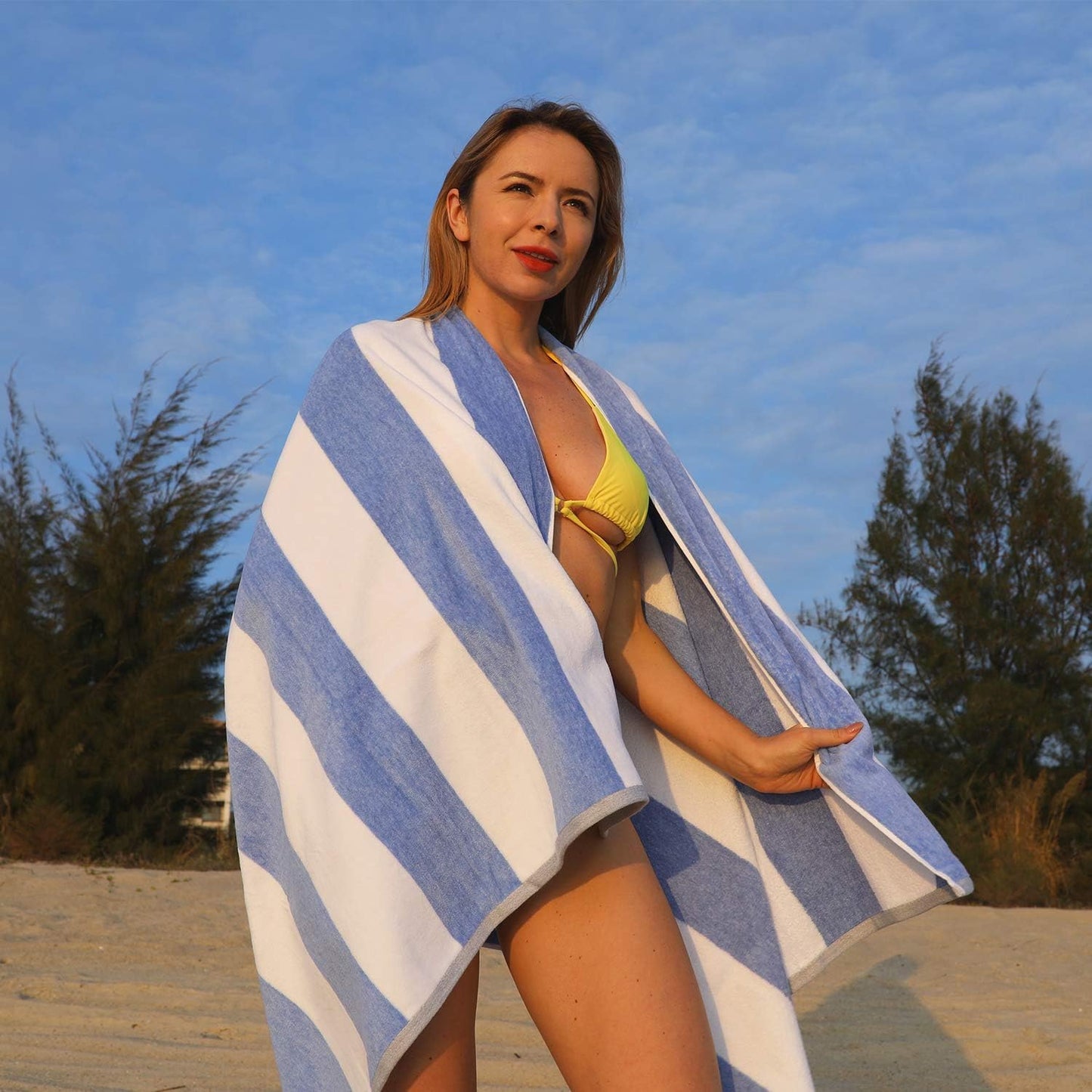 Cotton Oversized Beach Towel - Blue Striped Quick Dry Swimming Cabana Towel