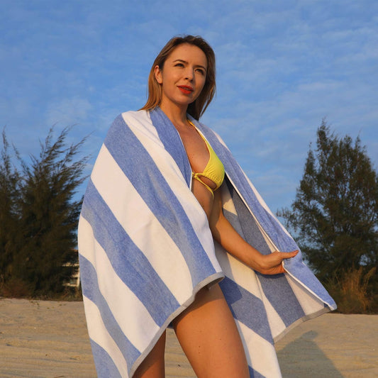 Cotton Oversized Beach Towel - Blue Striped Quick Dry Swimming Cabana Towel