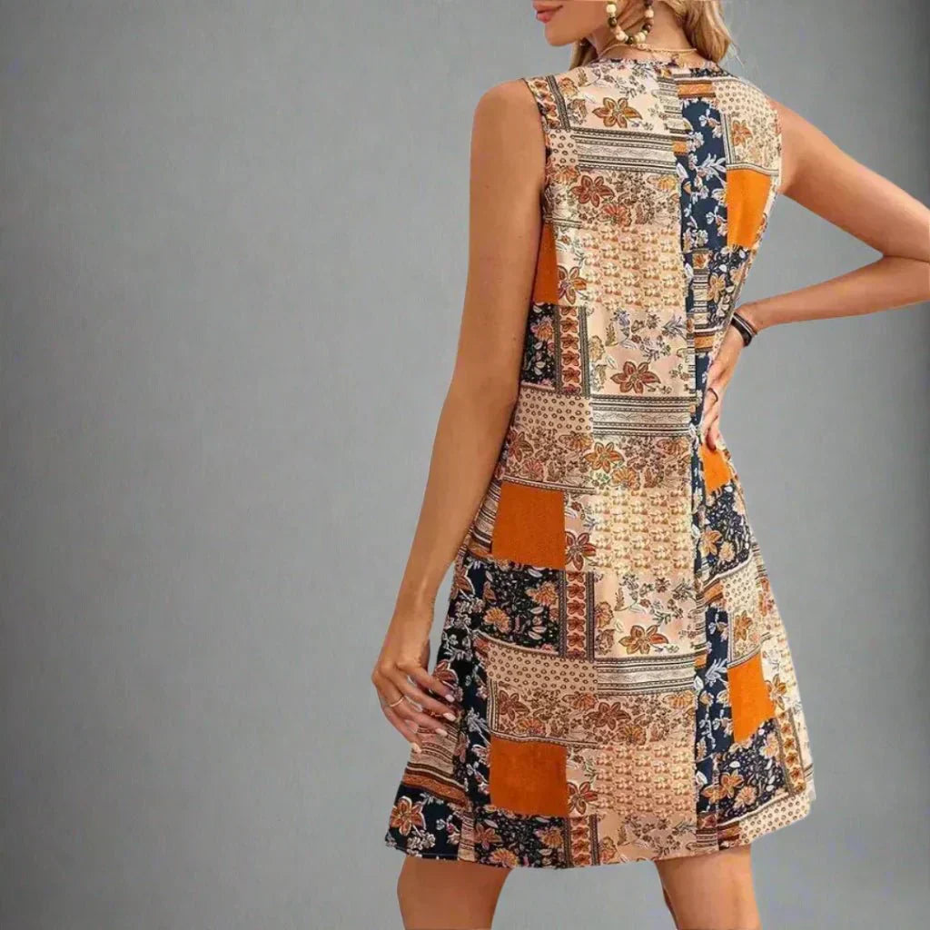 Indie | Women'S Boho Patchwork Print Sleeveless Mini Dress