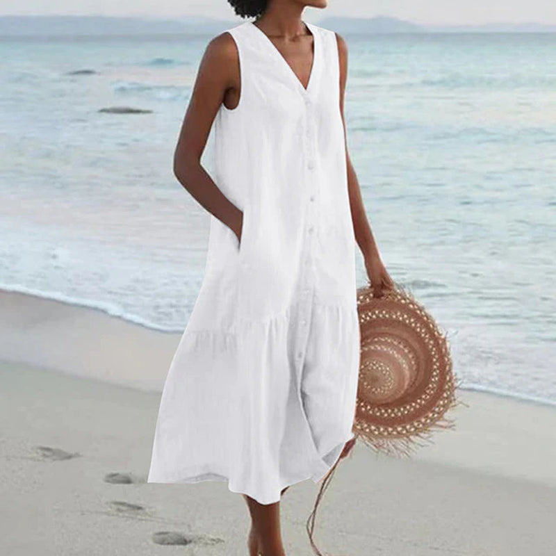 Sleeveless Button Front - Midi Dress 