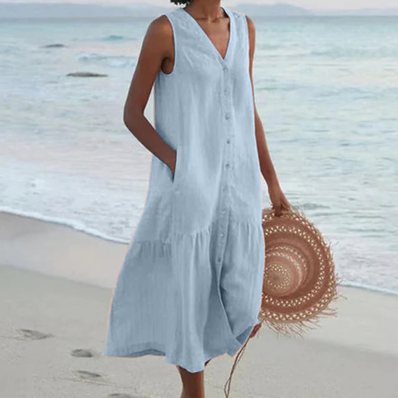 Sleeveless Button Front - Midi Dress 
