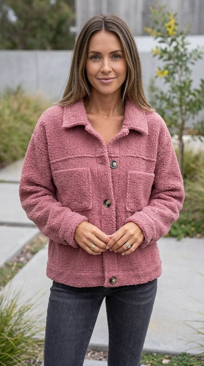 Women'S Button-Up Teddy Fleece Jacket with Pockets