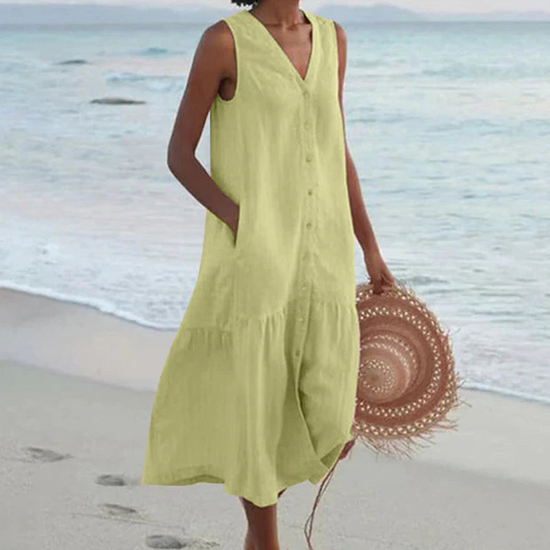 Sleeveless Button Front - Midi Dress 