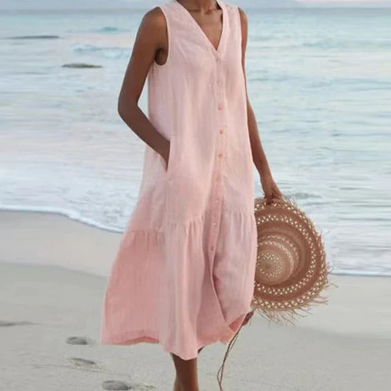 Sleeveless Button Front - Midi Dress 
