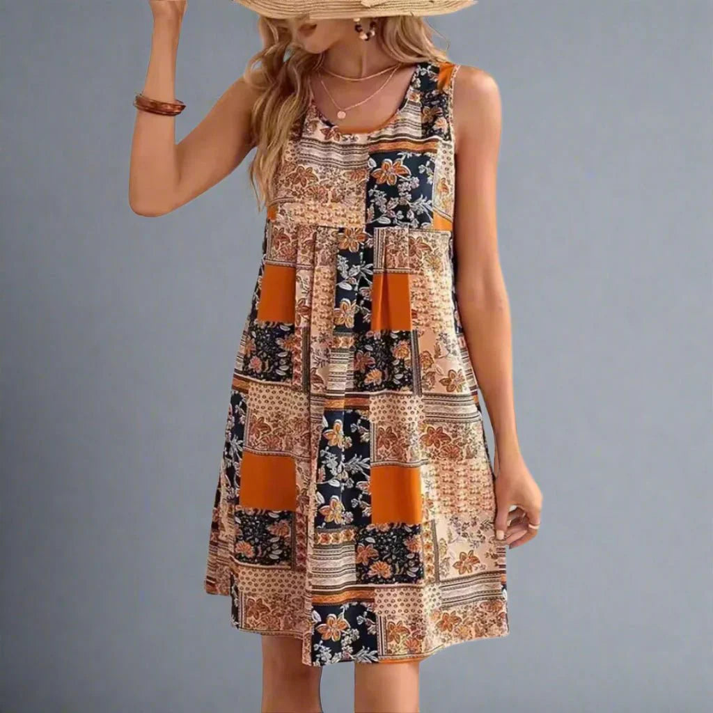 Indie | Women'S Boho Patchwork Print Sleeveless Mini Dress