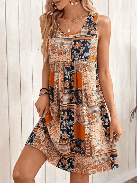 Indie | Women'S Boho Patchwork Print Sleeveless Mini Dress