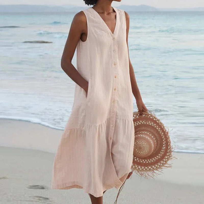 Sleeveless Button Front - Midi Dress 