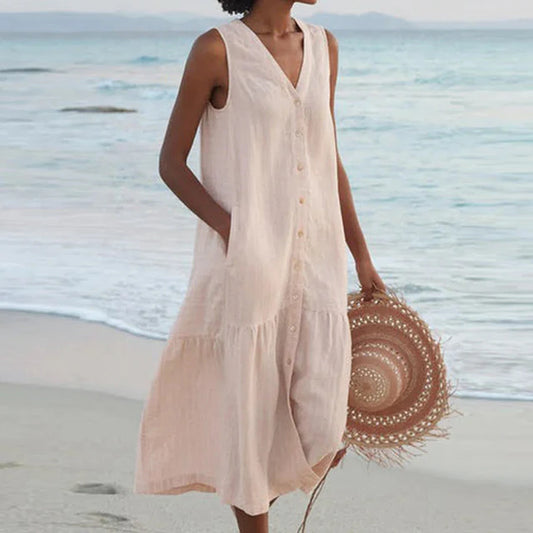 Sleeveless Button Front - Midi Dress 