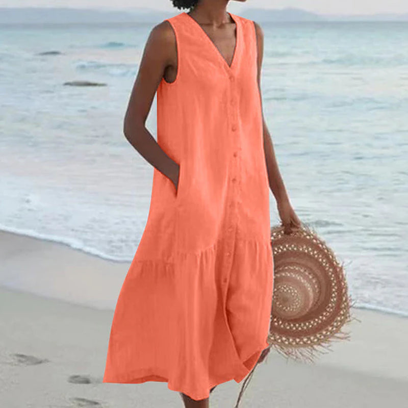 Sleeveless Button Front - Midi Dress 