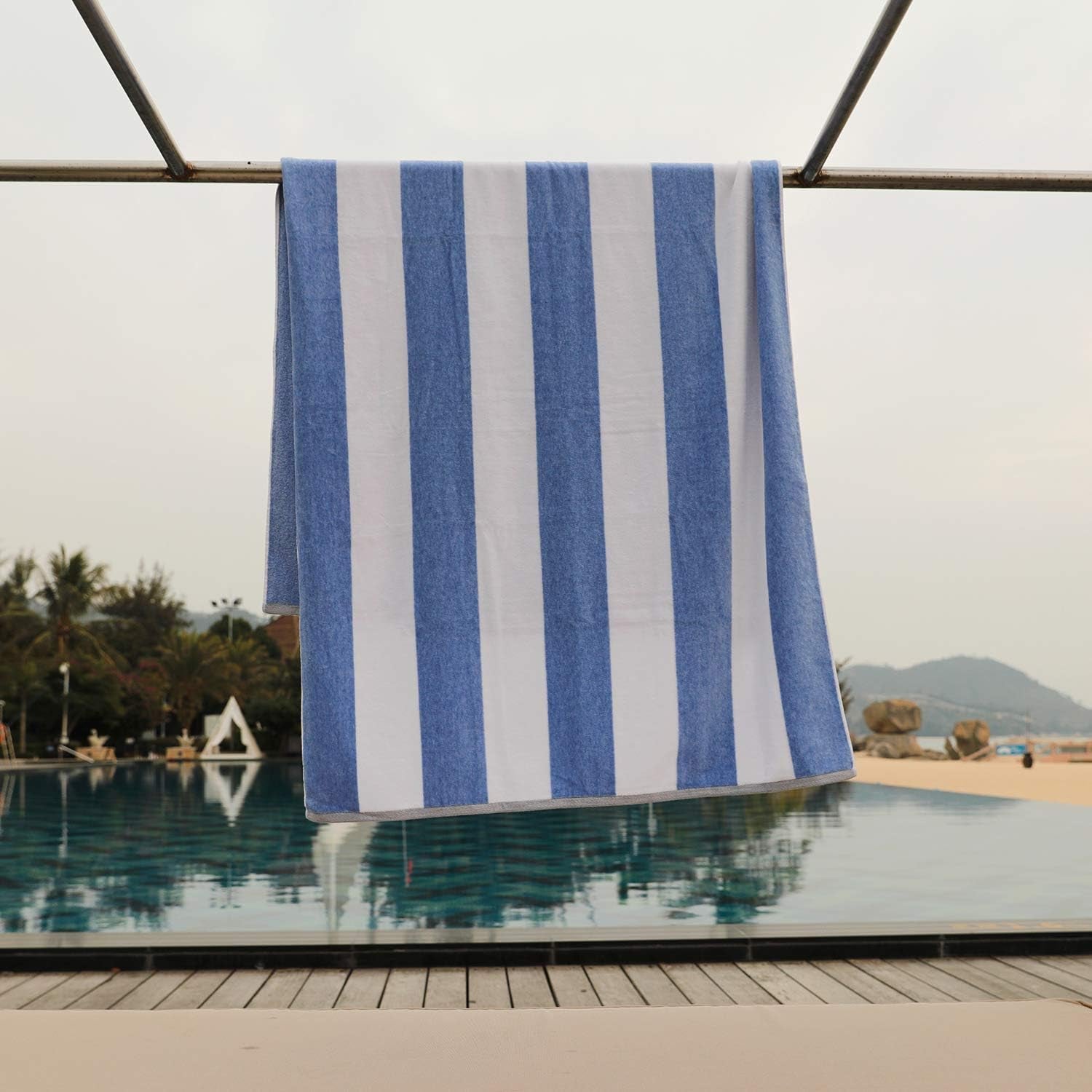 Cotton Oversized Beach Towel - Blue Striped Quick Dry Swimming Cabana Towel