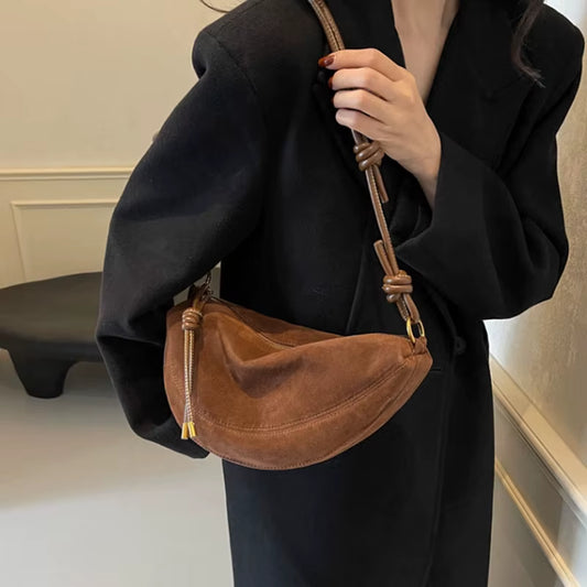 Wine Suede-Look Crescent Hobo Bag