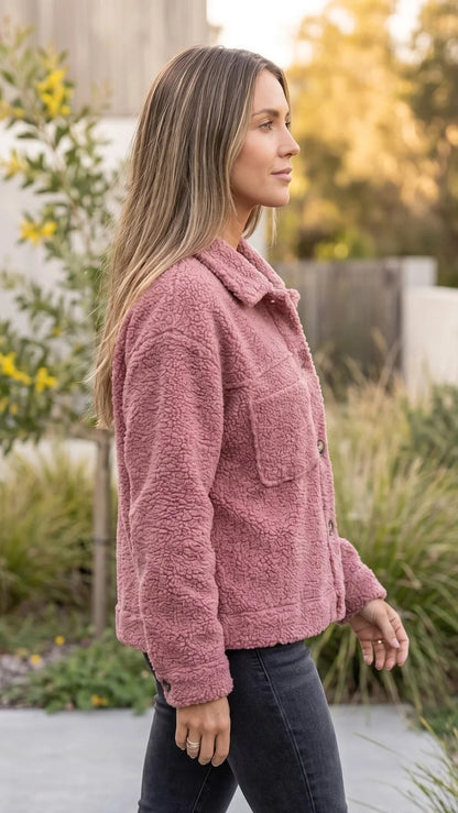 Women'S Button-Up Teddy Fleece Jacket with Pockets