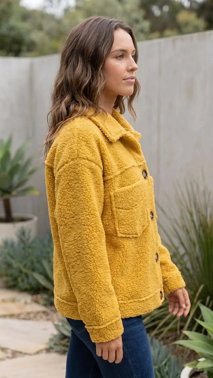 Women'S Button-Up Teddy Fleece Jacket with Pockets