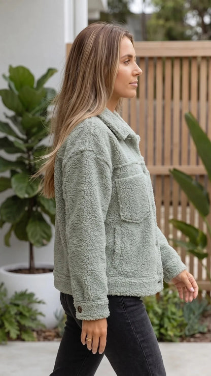 Women'S Button-Up Teddy Fleece Jacket with Pockets