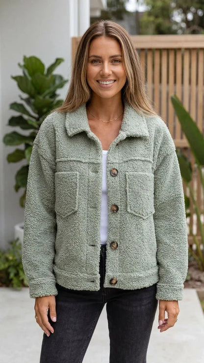 Women'S Button-Up Teddy Fleece Jacket with Pockets